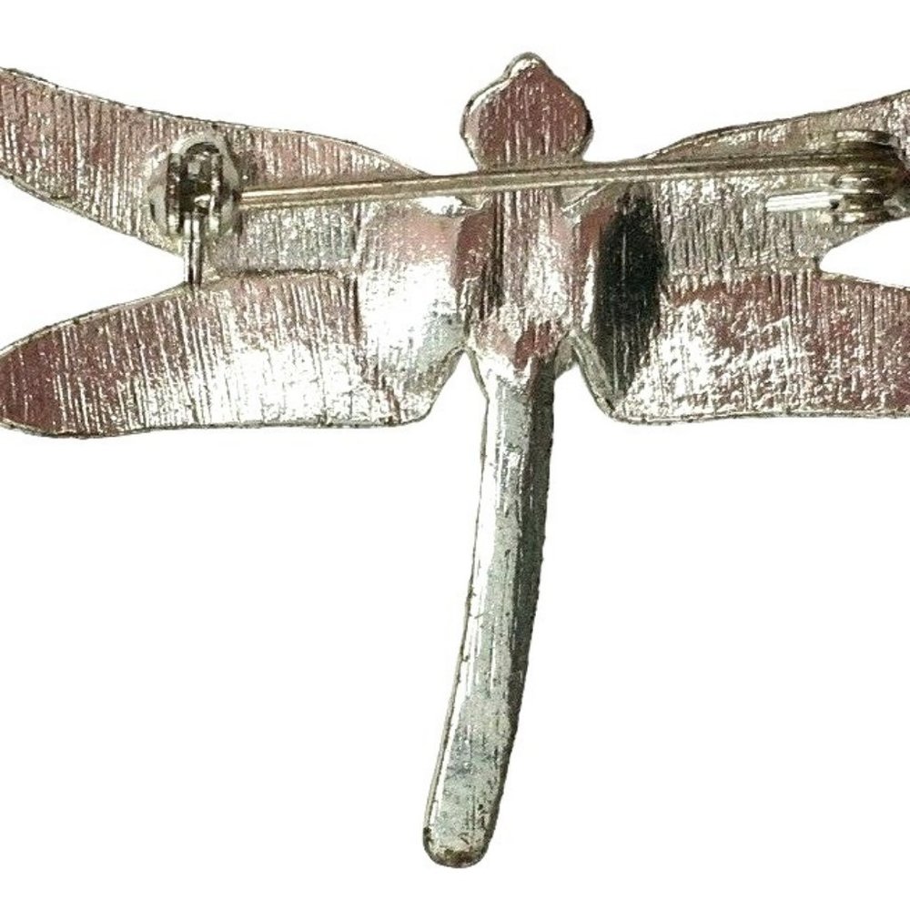 Silver Tone Dragonfly Brooch w/ Faux Pearl AB Rhinestones & Glitter Lucite Wings - Picture 5 of 5